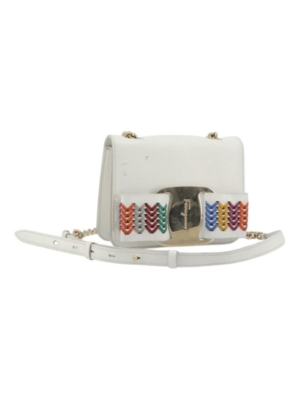 Authentic Salvatore Ferragamo Vala Chain Shoulder Bag Leather White Gold